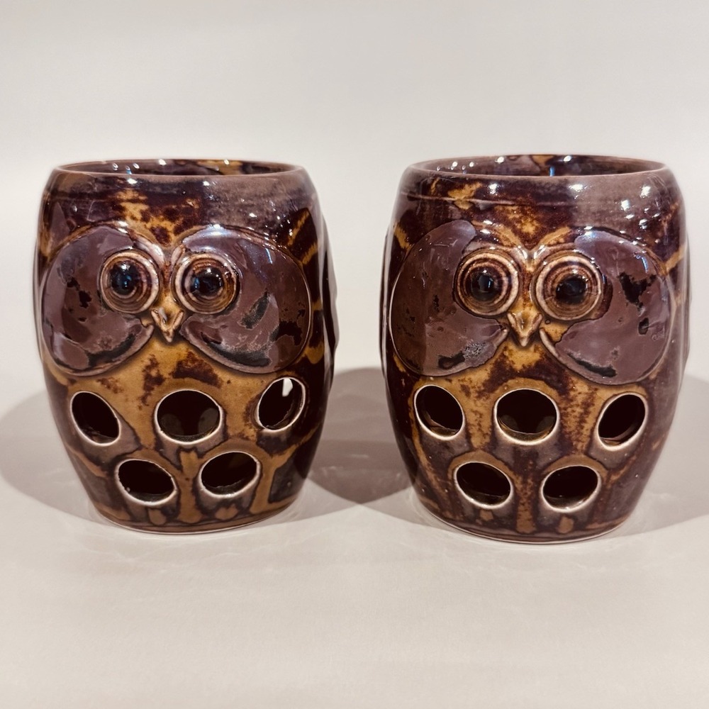 (2) Vintage Otagiri Stoneware Owl Shaped‎ Candle Votive Holders
